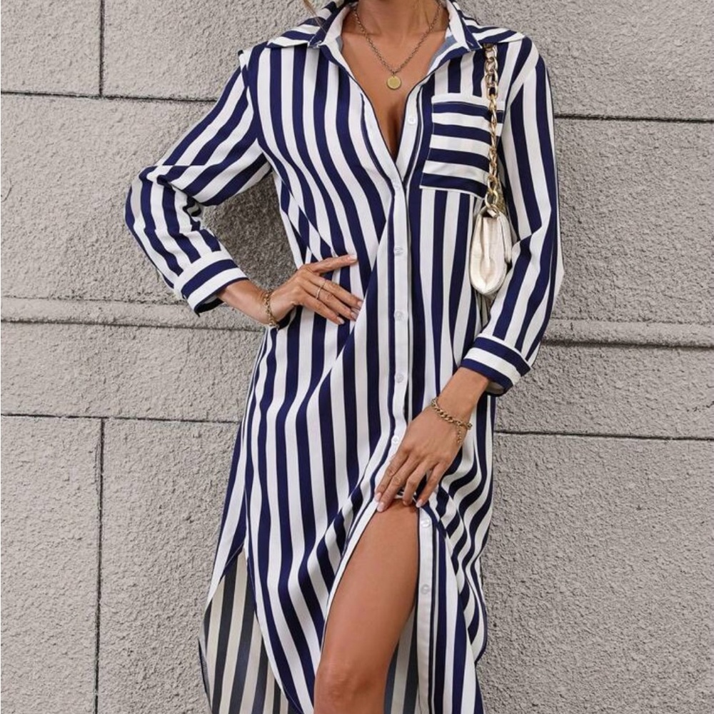 Striped Split Thigh Button Shirt Dress